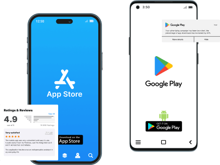 Mobilapplikationer på App Store och Google Play med betyg för den marknadsförda appen