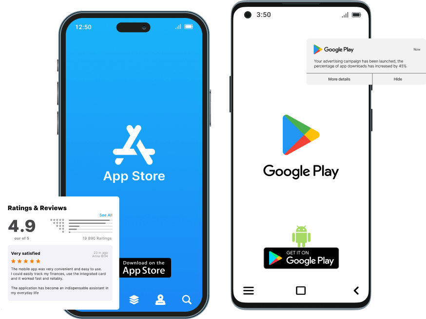 Mobilapplikationer på App Store och Google Play med betyg för den marknadsförda appen